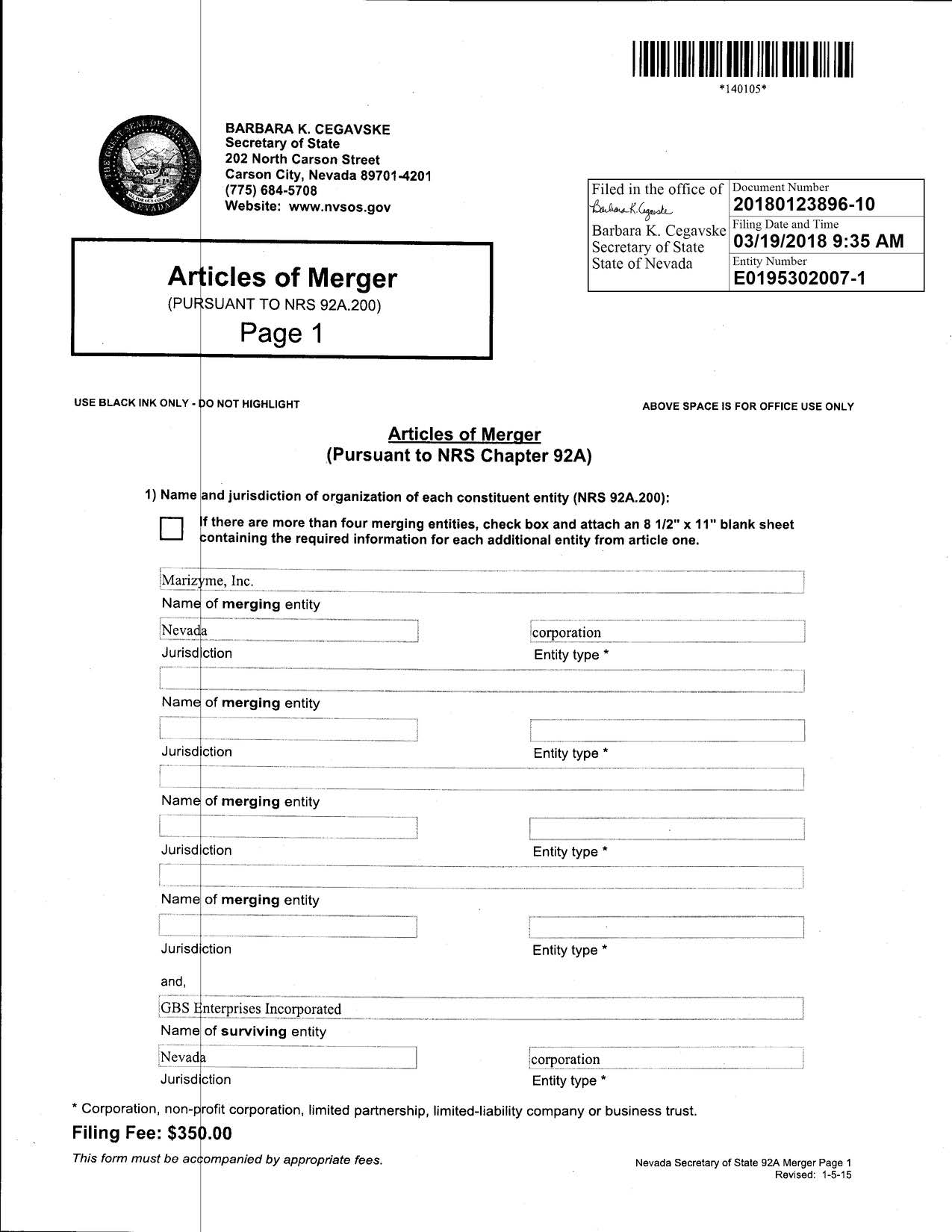 Exhibit 3.1.5 FILE STAMPED GBSX Marizyme NV Articles of Merger (3-21-18)_Page_01.jpg