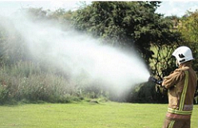 A person spraying water on grass Description automatically generated