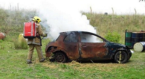 A firefighter standing next to a burnt out car Description automatically generated