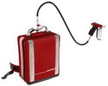 A red suitcase with a hose attached to it Description automatically generated