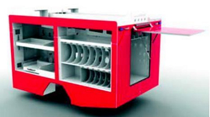 A red and white machine with open shelves Description automatically generated