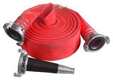 A red fire hose with nozzles Description automatically generated