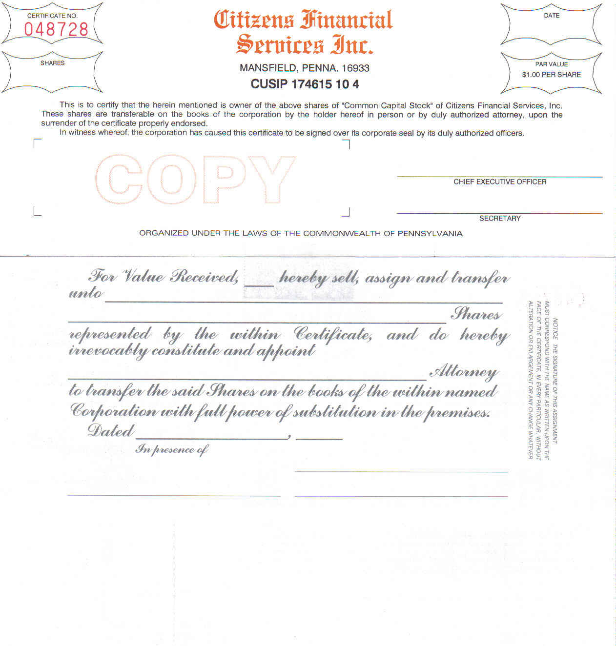 speciman stock certificate