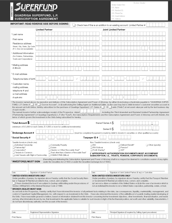 (SUBSCRIPTION AGREEMENT FORM)