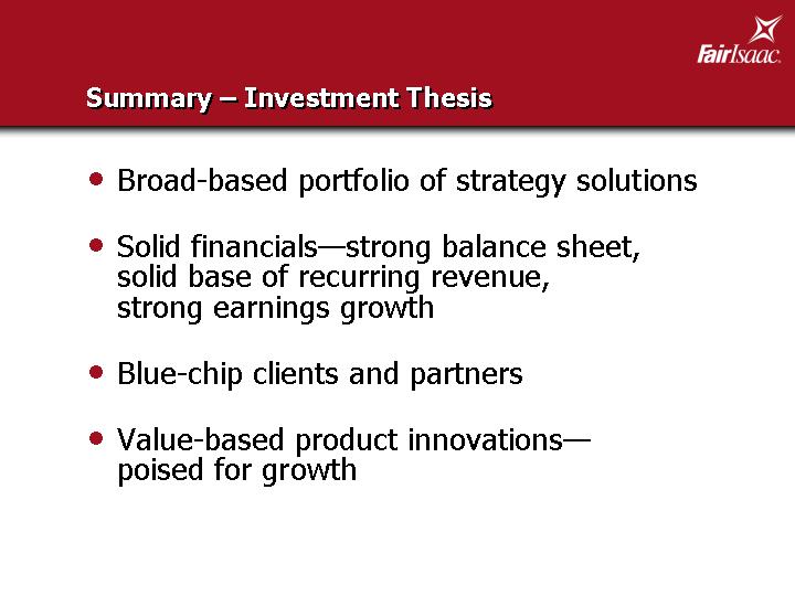 (SUMMARY — INVESTMENT THESIS)