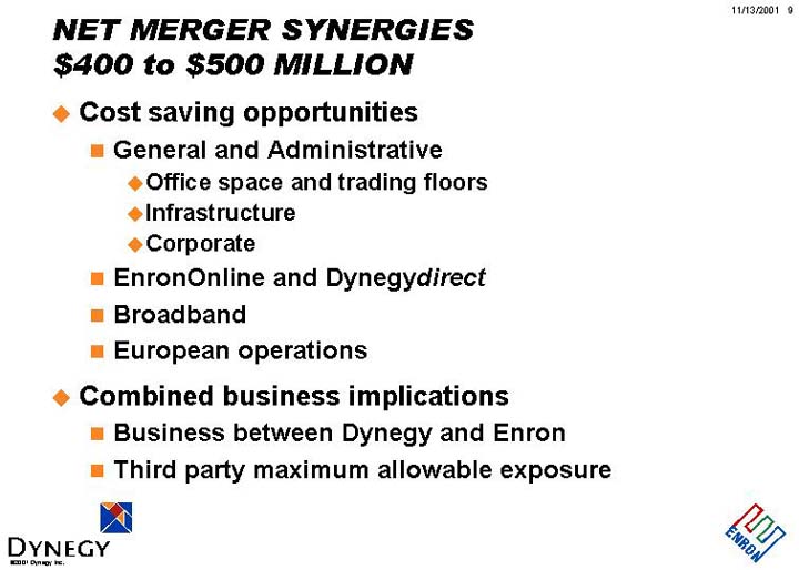 (NET MERGER SYNERGIES $400 TO $500 MILLION)