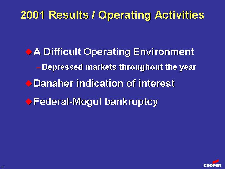 (2001 RESULTS/OPERATING ACTIVITIES)