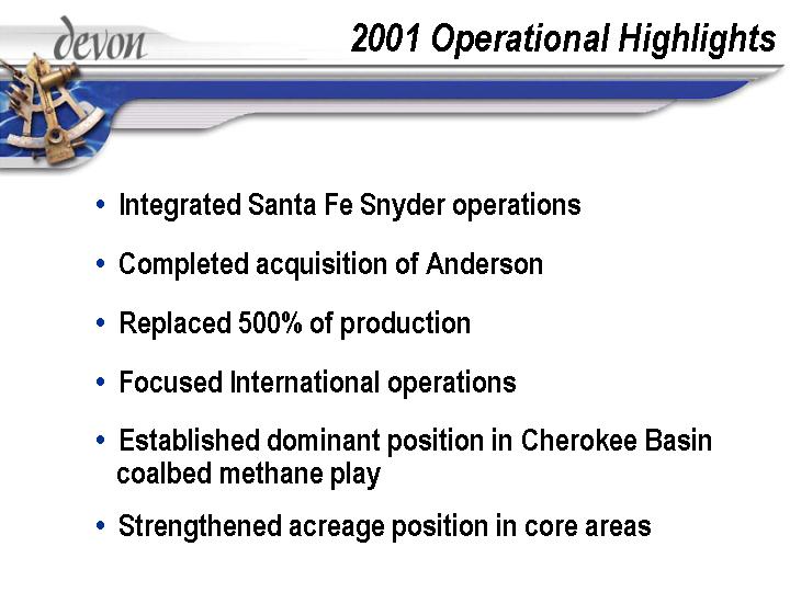 (2001 OPERATIONAL HIGHLIGHTS)