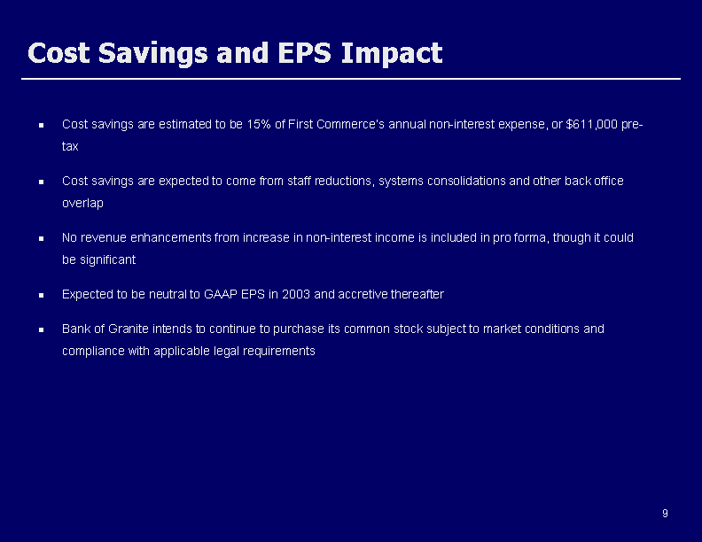 (COST SAVINGS AND EPS IMPACT)