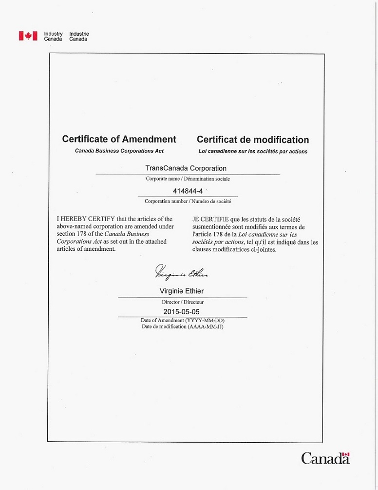 TransCanada Corporation Certificate of Amendment