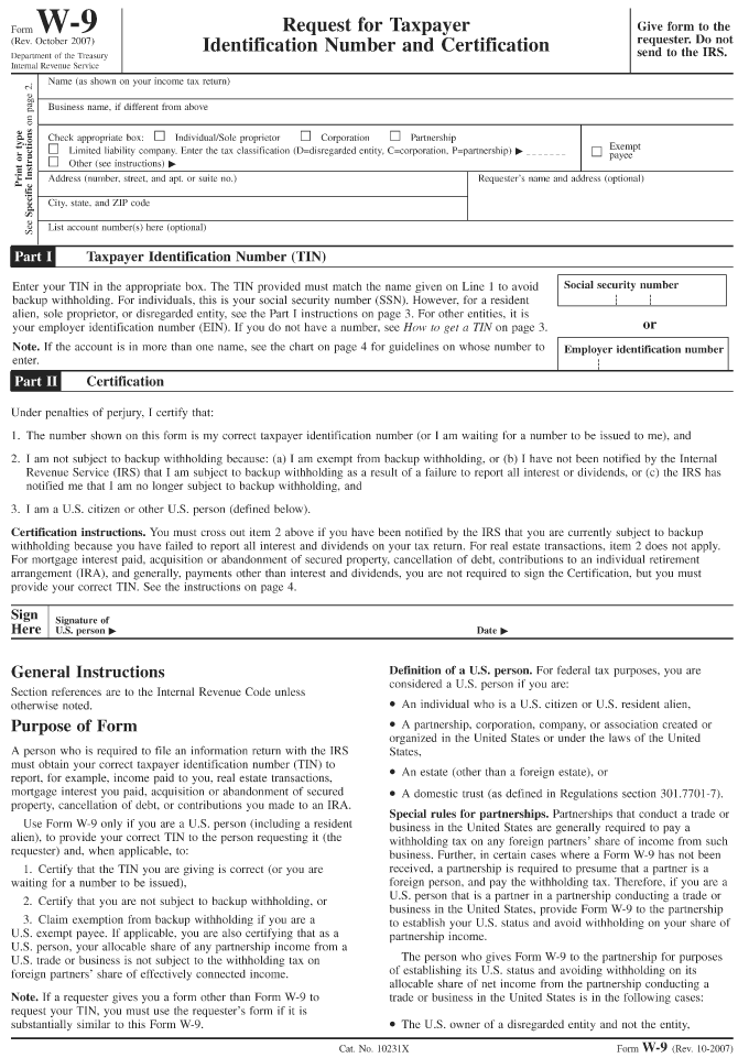 (FORM W-9 PAGE 1)