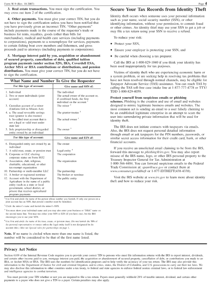 (FORM W-9 PAGE 4)