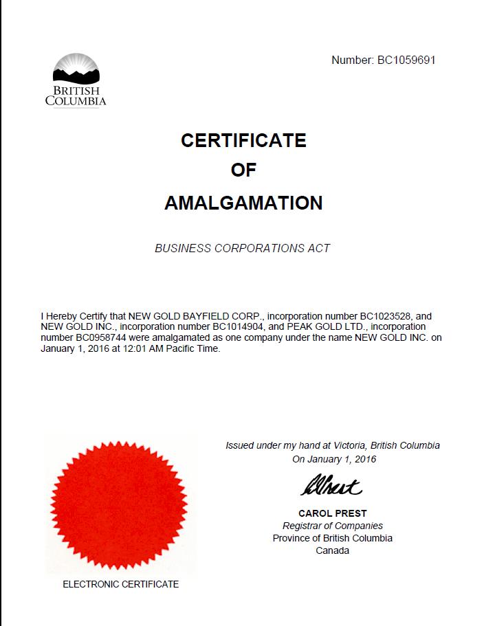 Certificate of Amalgamation