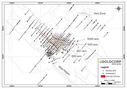 Figure 1: Plan map illustrating the Silica Cap complex 600, 601, 500 and 5000 veins. (CNW Group|Goldcorp Inc.)