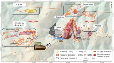 Figure 12: Coffee Project drilling location map and planned future mine infrastructure. Drill collars highlighting drilling completed in 2017. (CNW Group|Goldcorp Inc.)