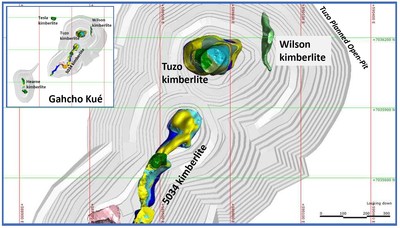 "Plan view of the Wilson kimberlite. Inset shows the location relative to other kimberlites in the Gahcho Ku?? JV area. The planned open-pit mine pit shells are shown in pale gray. (CNW Group|Mountain Province Diamonds Inc.)"