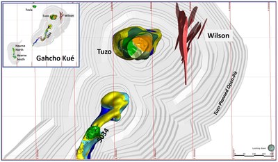 Plan view of the Wilson kimberlite (red) and adjacent kimberlite sheets in darker shades of red. (CNW Group|Mountain Province Diamonds Inc.)