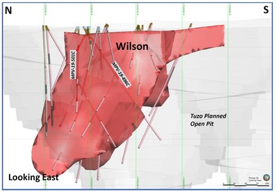 Cross-sectional image of Wilson kimberlite (red), with drillholes 496C and 501C as noted. (CNW Group|Mountain Province Diamonds Inc.)