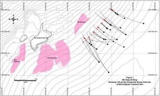 Figure 1 - Location of all drill hole intercepts of the Bermingham NE Deep zone (refer Figure 2) with +30 g|t Ag composite intervals shown in red (CNW Group|Alexco Resource Corp.)