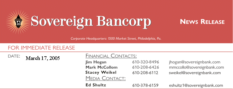 (SOVERIGN BANCORP LETTERHEAD)