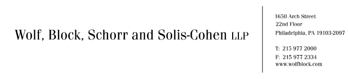 (Wolf, Block, Schorr and Solis-Cohen LLP LETTER HEAD)