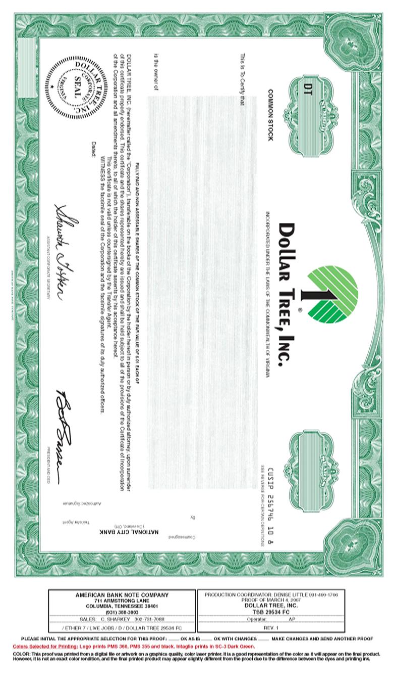 Dollar Tree, Inc. Common Stock Certificate Page 1