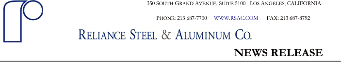 (RELIANCE STEEL & ALUMINUM CO. LETTER HEAD)