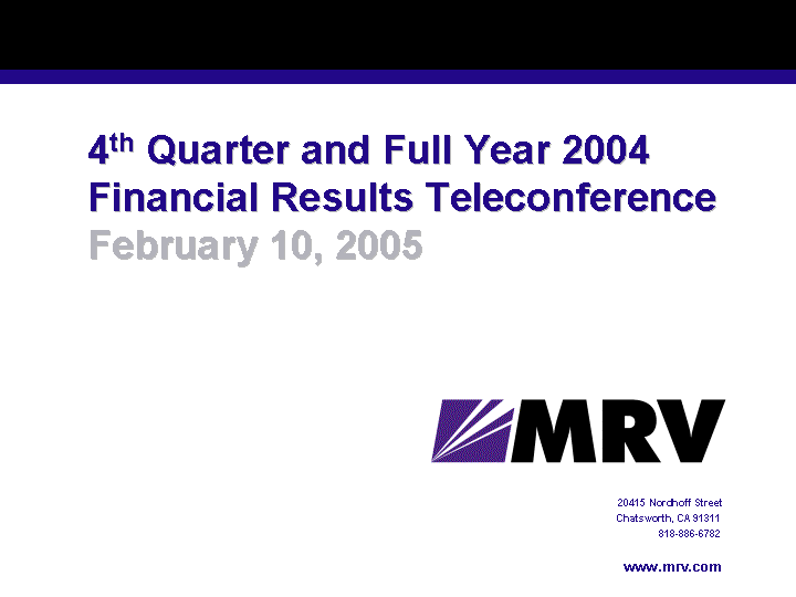 (MRV FINANCIAL RESULTS TELECONFERENCE COVER PAGE SLIDE)