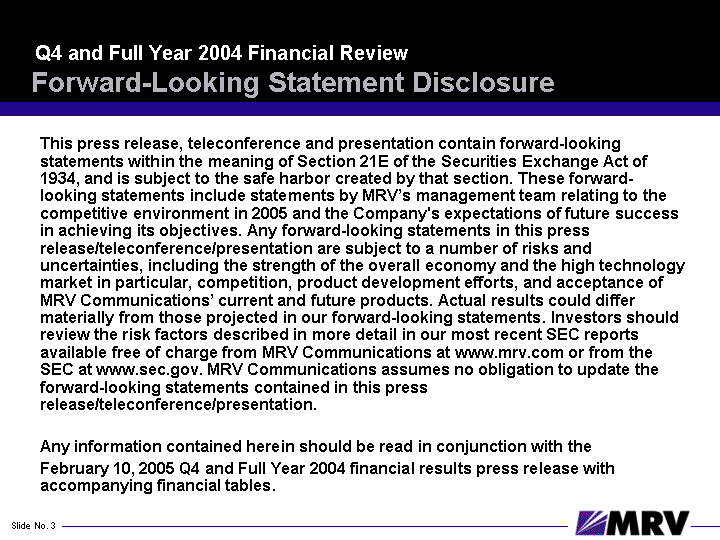 (FORWARD-LOOKING STATEMENT DISCLOSURE SLIDE)