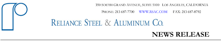 (Reliance Steel & Aluminum Co. Letterhead)