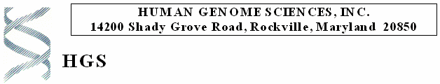 (HUMAN GENOME SCIENCES LETTERHEAD)