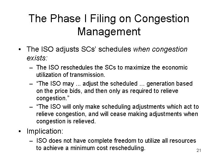 THE PHASE I FILING ON CONGESTION MANAGEMENT