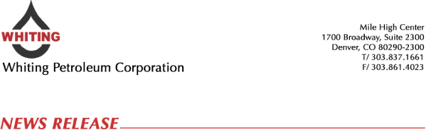 (WHITING PETROLEUM CORPORATION LETTER HEAD)