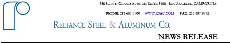 (RELIANCE STEEL AND ALUMINUM CO. LETTERHEAD)