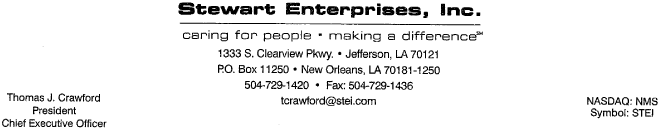 (STEWART ENTERPRISES LETTER HEAD)