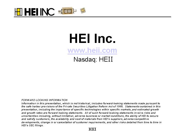 (HEI INC. COVER PAGE)