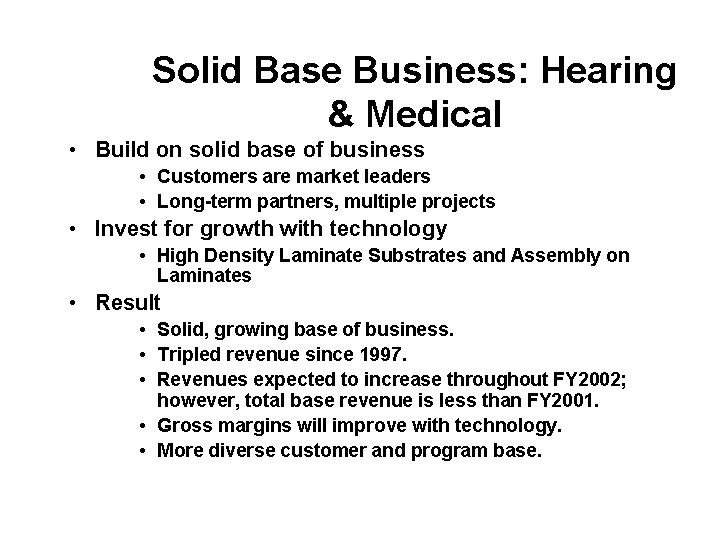 (SOLID BASE BUSINESS: HEARING & MEDICAL)