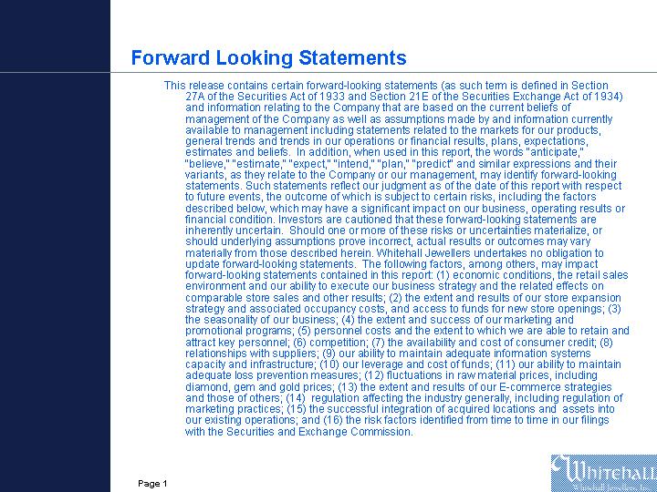 (POWERPOINT SLIDE OF FORWARD LOOKING STATEMENTS)