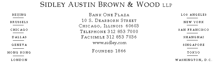 (SIDLEY AUSTIN BROWN AND WOOD LETTERHEAD)