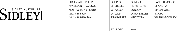 (SIDLEY AUSTIN LLP LETTERHEAD)