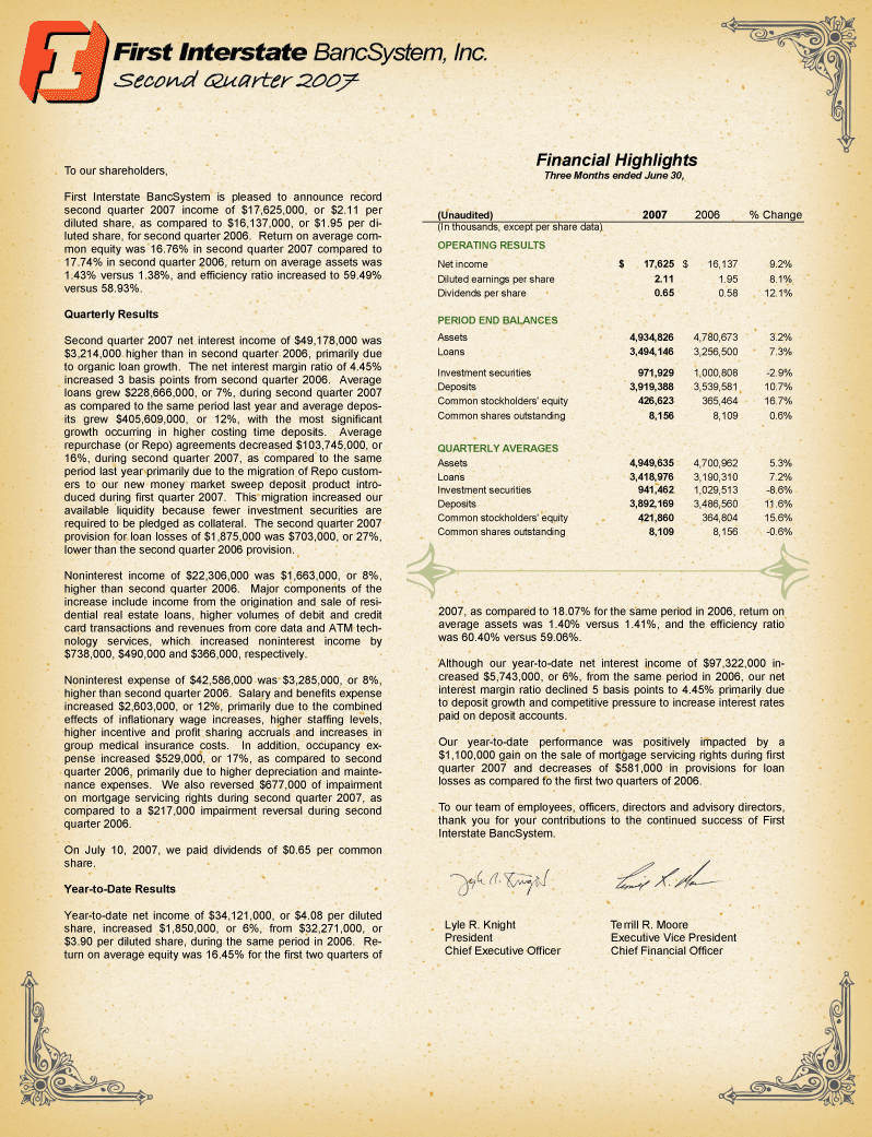 (SECOND QUARTER 2007 SHAREHOLDERS' LETTER)