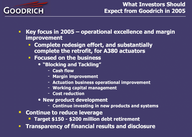 (WHAT INVESTORS SHOULD EXPECT FROM GOODRICH IN 2005 LOGO)