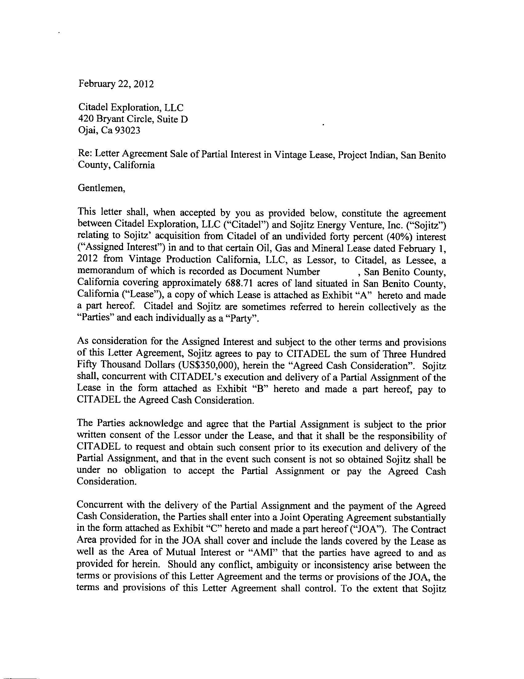 EX. 10.1 LETTER AGREEMENT PAGE 1 DATED FEBRUARY 22, 2012