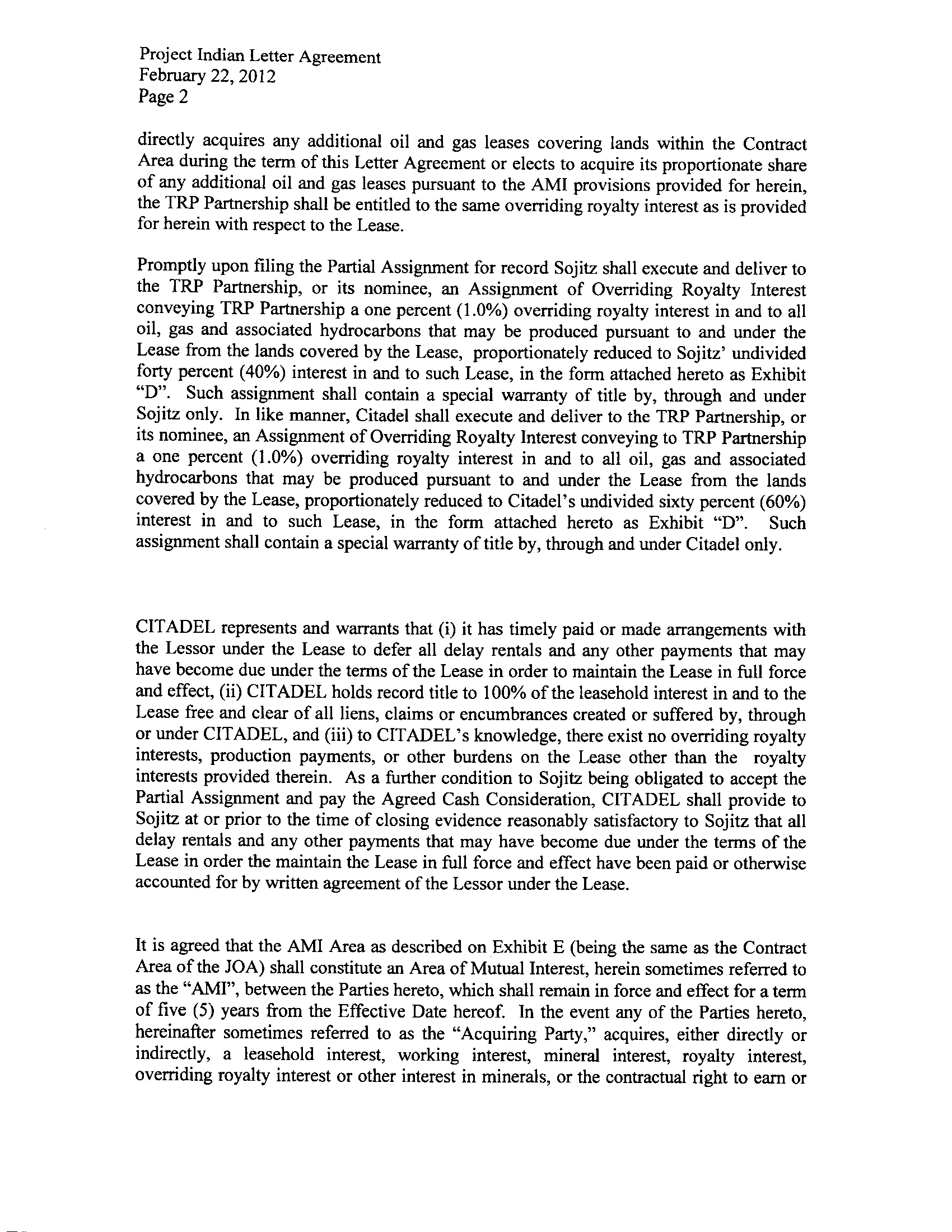 EX. 10.1 LETTER AGREEMENT PAGE 2 DATED FEBRUARY 22, 2012