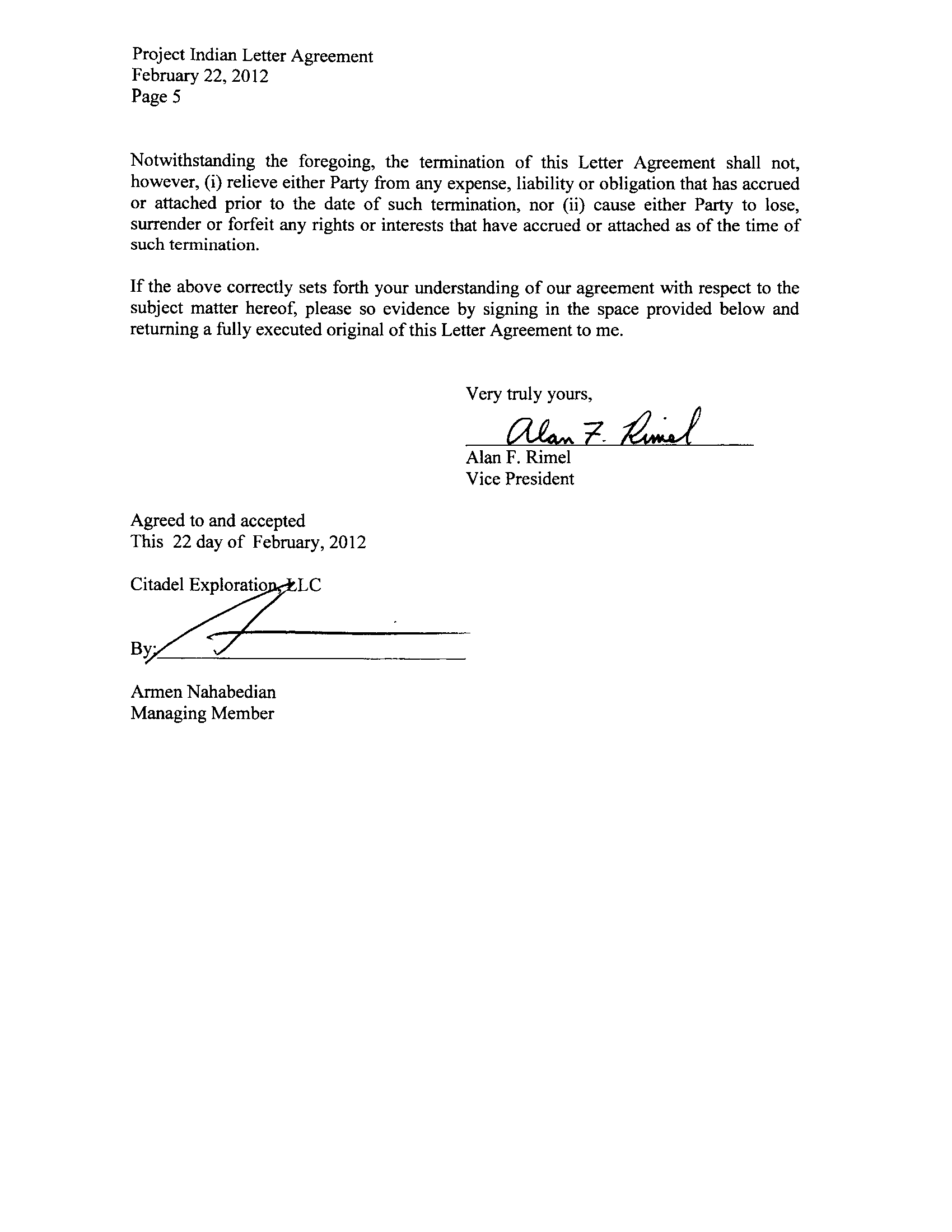 EX. 10.1 LETTER AGREEMENT PAGE 5 DATED FEBRUARY 22, 2012