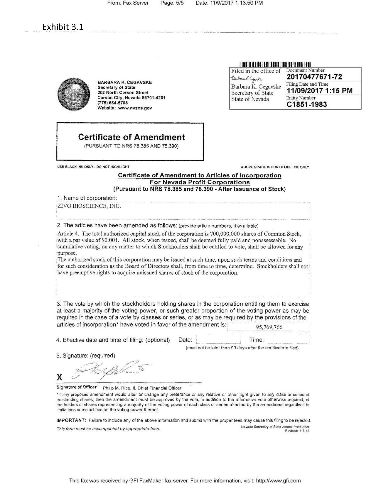 Exhibit 3.1 ZIVO BIOSCIENCE CERTIFICATE OF AMENDMENT FILED 11-9-17.jpg