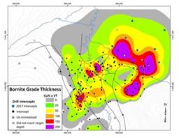 Figure 1. Grade-Thickness Map prior to 2017 and 2018 Drilling Programs (CNW Group|Trilogy Metals Inc.)