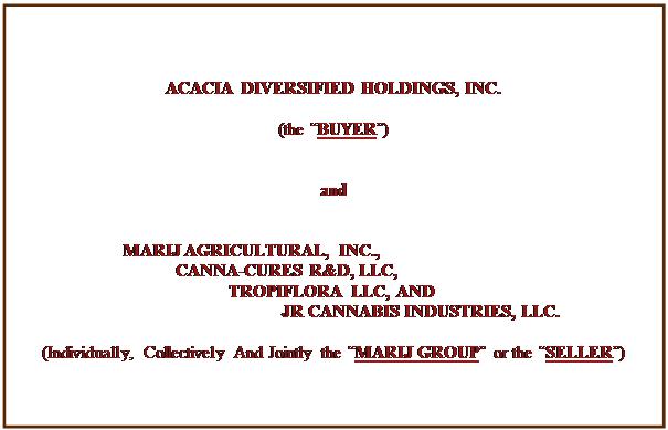 "Text Box: ACACIA DIVERSIFIED HOLDINGS, INC.

(the ?BUYER?)


and


 MARIJ AGRICULTURAL, INC., 
 CANNA-CURES R&D, LLC, 
 TROPIFLORA LLC, AND 
 JR CANNABIS INDUSTRIES, LLC.

(Individually, Collectively And Jointly the ?MARIJ GROUP? or the ?SELLER?)

"