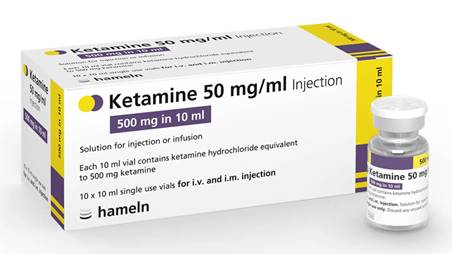 The packaging and vial of a Ketamine 50 mg|ml injection