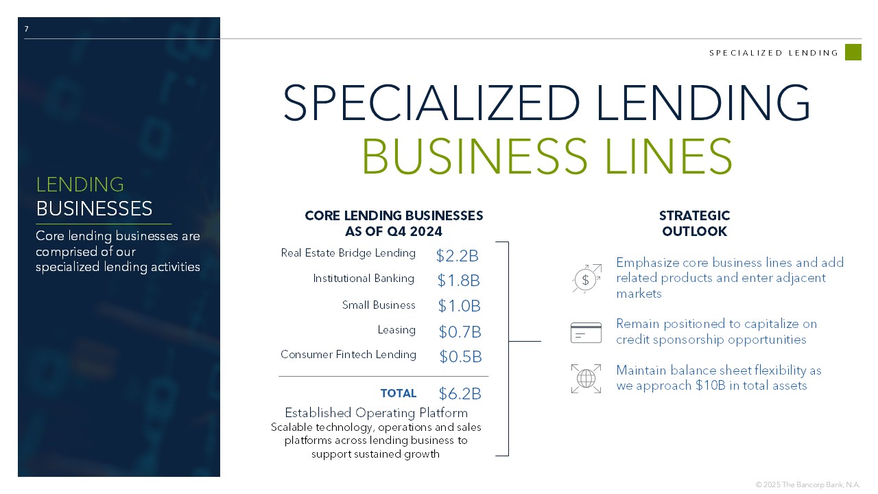 7 SPECIALIZED LENDING SPECIALIZED LENDING BUSINESS LINES LENDING BUSINESSES Core lending businesses are comprised of our specialized lending activities Institutional Banking $1.8B Emphasize core business lines and add related products and enter adjacent markets Remain positioned to capitalize on credit sponsorship opportunities Maintain balance sheet flexibility as we approach $10B in total assets Real Estate Bridge Lending $2.2B Small Business $1.0B Leasing $ 0.7B CORE LENDING BUSINESSES AS OF Q4 2024 TOTAL $ 6.2 B Established Operating Platform Scalable technology, operations and sales platforms across lending business to support sustained growth STRATEGIC OUTLOOK Consumer Fintech Lending $ 0.5B